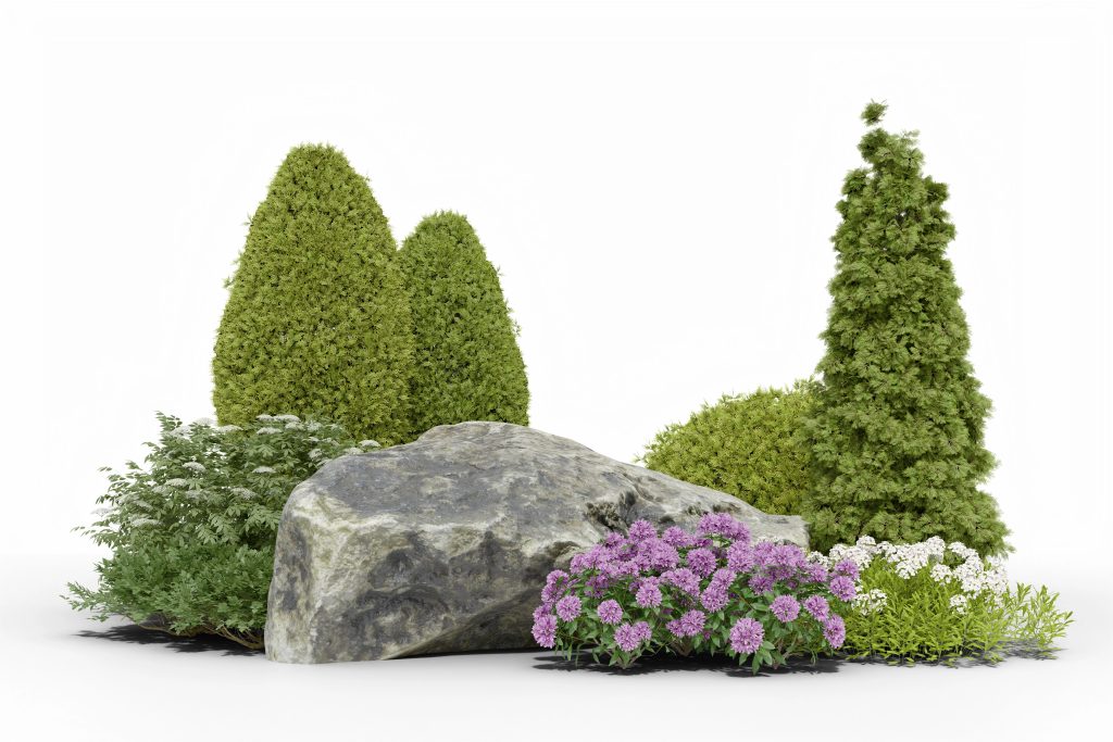 Realistic small garden. 3d rendering of isolated objects.