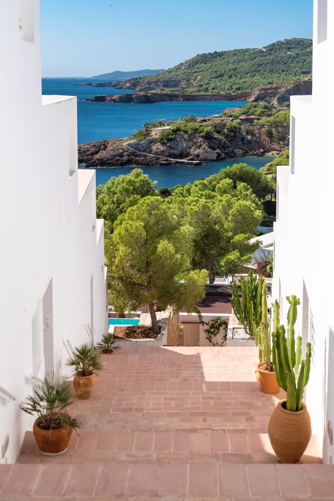 Ibiza, typical houses, staircase with view on the sea